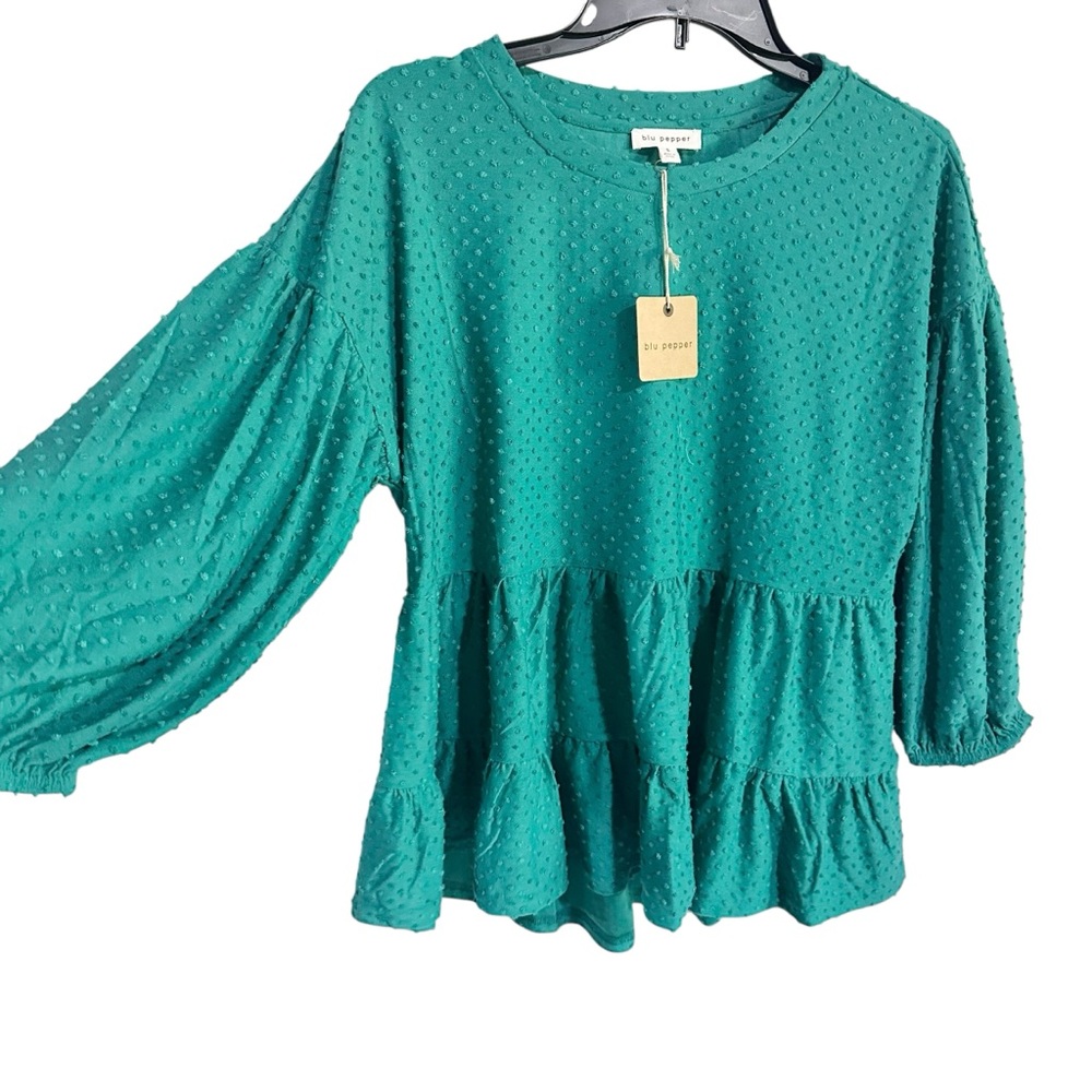 Blu Pepper Teal Blue Clip-dot 3/4 Sleeve Tiered Blouse Size Small NWT